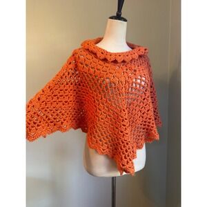 Handmade Crochet Poncho Burnt Orange Ruffle whimsigoth Knit Capelet OneSize boho